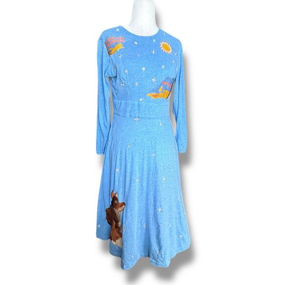 eShakti Dresses & Skirts - eShakti Blue Embroidered Fox Sun Clouds Cotton Spandex Long Sleeve Dress